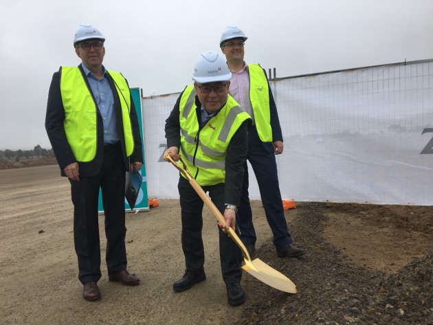 Turning the sod on the $140m greenfield investment: (L-R) Chris Daly, Opal Executive General Manager – Packaging, Matt Iizuka, Opal CEO, and Wodonga Mayor Kev Poulton. Image: Opal Group