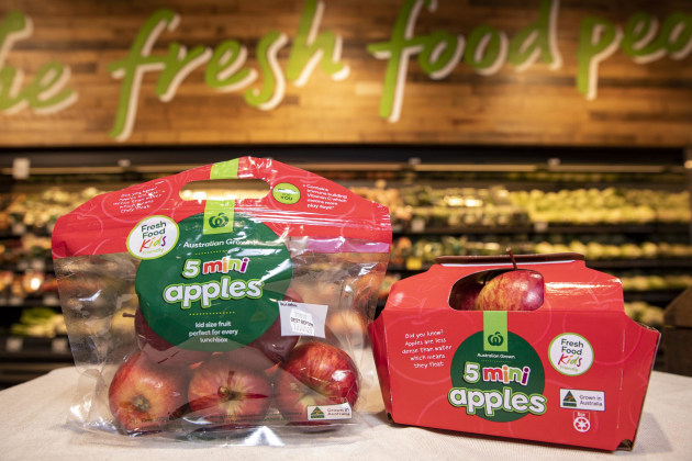 Woolworths is trialling a shift from plastic to cardboard for its Mini Fruit for Kids apples.