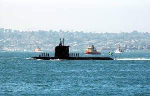 Swedish Navy submarine HMS Gotland off San Diego during trials with the US Navy. The submarine is one of three to undergo a mid-life ugrade upgrade similar to that projected for Australia's Collins class boats. Photo: US Navy