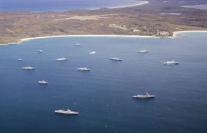 Multi-National ships at anchor in Jervis Bay for the upcoming transit to Sydney for the International Fleet Review.