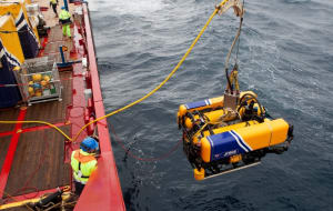 The ROV (Remotely Operated Vehicle) SC-45 &ldquo;Scorpio&rdquo; from James Fisher Submarine Rescue Services is craned outboard from ADV Ocean Shield to locate HMAS Farncomb on the sea floor in the East Australian Exercise Area during Exercise Black Carillon 2013.