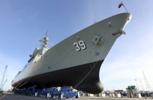 NUSHIP Hobart on the blocks. The RAND report into naval shipbuilding is often quoted by Defence. Credit: Defence