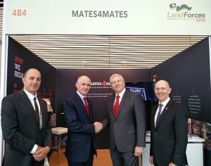 (L-R) Mates4Mates CEO Simon Sauer and Chairman Don Roach accepted the donation at Land Forces and thanked LES general manager, Phil Jarratt and business development manager Warren Smith. Credit: Mates4Mates