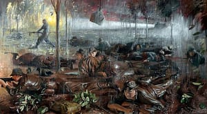 A painting depicting the events of the Battle of Long Tan by Bruce Fletcher. Credit: AWM via Wikimedia Commons bit.ly/2beqa1e