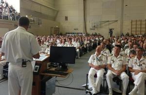 The Chief of Navy addresses a large audience during the launch of the new strategy for Navy's NGN cultural change program.