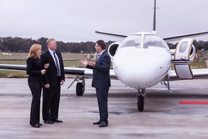 Jody and Chris Richards with Victorian Premier Denis Napthine at the opening of MyJet's new base in Bendigo. (MyJet)
