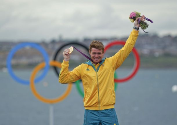Tom Slingsby congratulates Tom Burton on Olympic Gold