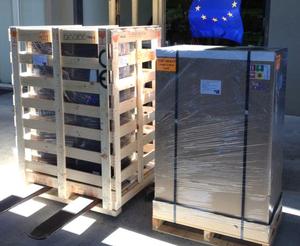 Packed to travel: The Rapid X label printing line ready for its trip to Europe.
