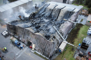 The building at the K&H Surface Technologies plant in Dandenong, Victoria, destroyed by fire. (Photo: Keith Pakenham, CFA.)