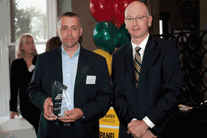 David Copley, Miedecke Motor Group, national winner, best small shop, left with Suncorp Head of Motor Claims, Sean Dempsey