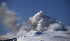 Ash, dust and steam coming from the volcano underneath the Eyjafjallajokull glacier in Iceland.
