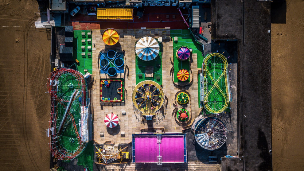 Photographer: Nicholas E Jones, UK. "View from above at first glance could be mistaken for a circuit board but this early morning shot of the funfair at Weston Super Mare along the beach."
