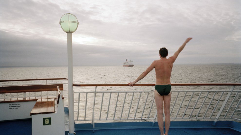 Martin Parr
Magnum Photos

Ferry between Helsinki and Stockholm. Finland. 1991.

“In the early 80s, I was teaching in Helsinki and would often go to Stockholm for the weekend on the ferry. This would involve buying cheap alcohol and consuming it en route. The Finnish love a sauna, and this guy is popping out to catch the cool.”