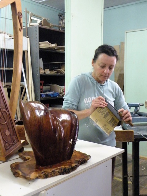 Woodcarver Sandra Skodnik at work.