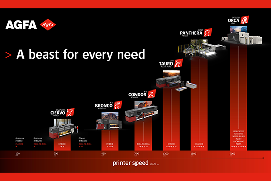 Printing beasts: At Fespa Barcelona, Agfa will showcase its selections of wide format systems - the Onset Panthera, the Jeti Tauro H3300 UHS and Bronco H3300 HS, the Anapurna Ciervo H2500, along with the latest version of its Asanti workflow solution