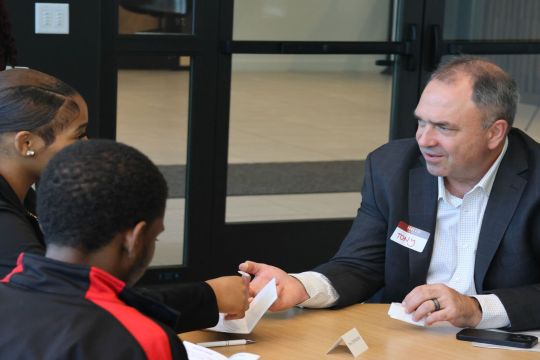 Arkema CEO, Anthony O'Donovan, talking to students.