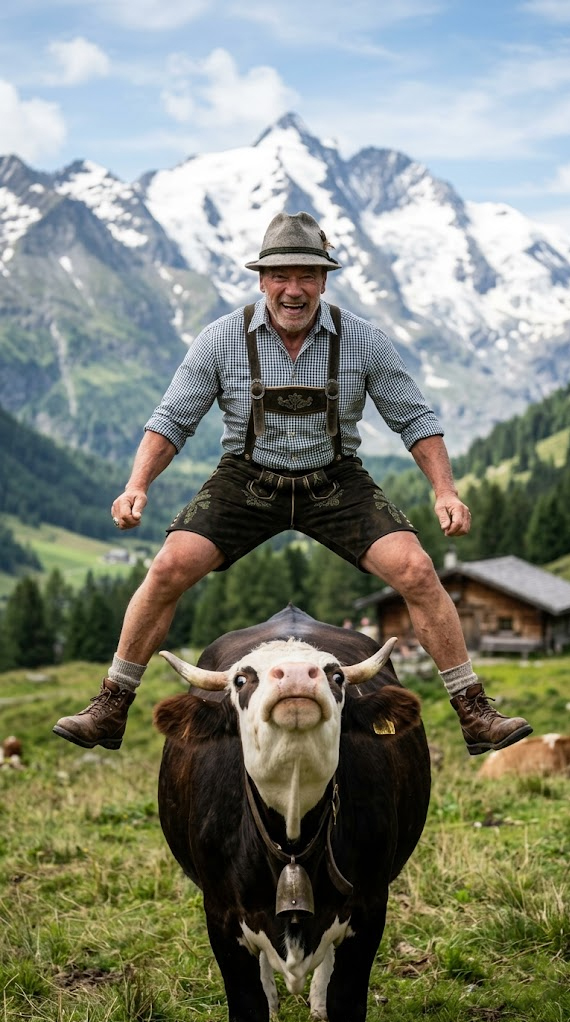 Arnold Schwarzenegger leaps a cow in the Austrian Alps. AI image by Tim Levy