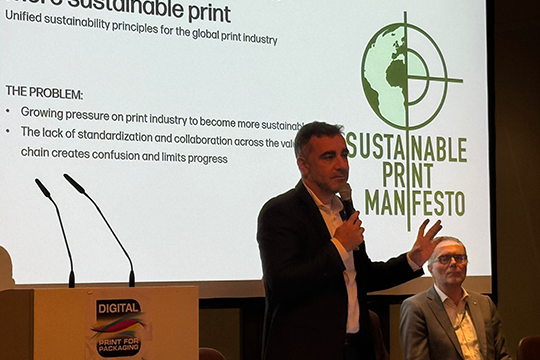 Sustainable Print Manifesto: Carlos Lahoz, industrial print sustainability strategist at HP, at the launch event in Berlin