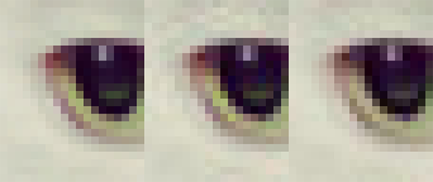 A 20 x 24 pixel zoomed area from a picture of a cat’s eye. Uncompressed original (left), libjpeg compression (middle), Guetzli compression (right). – Source: Google.