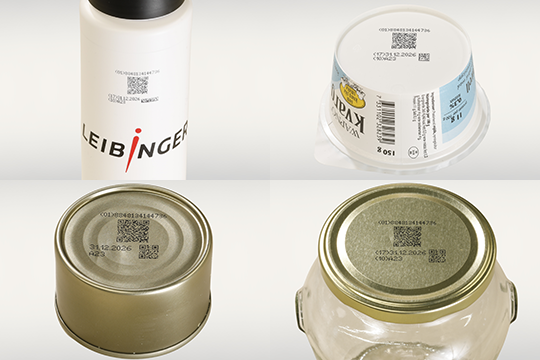 These examples, printed with original Leibinger CIJ coders, show how the splitting into two codes could look &ndash; one containing fixed data and the other containing variable data.