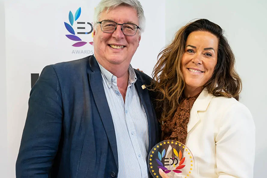Triple EDP Award win: Danna Drion (right), general manager for marketing and product management at Mimaki Europe, who accepted the awards on behalf of Mimaki, pictured with Jean Poncet