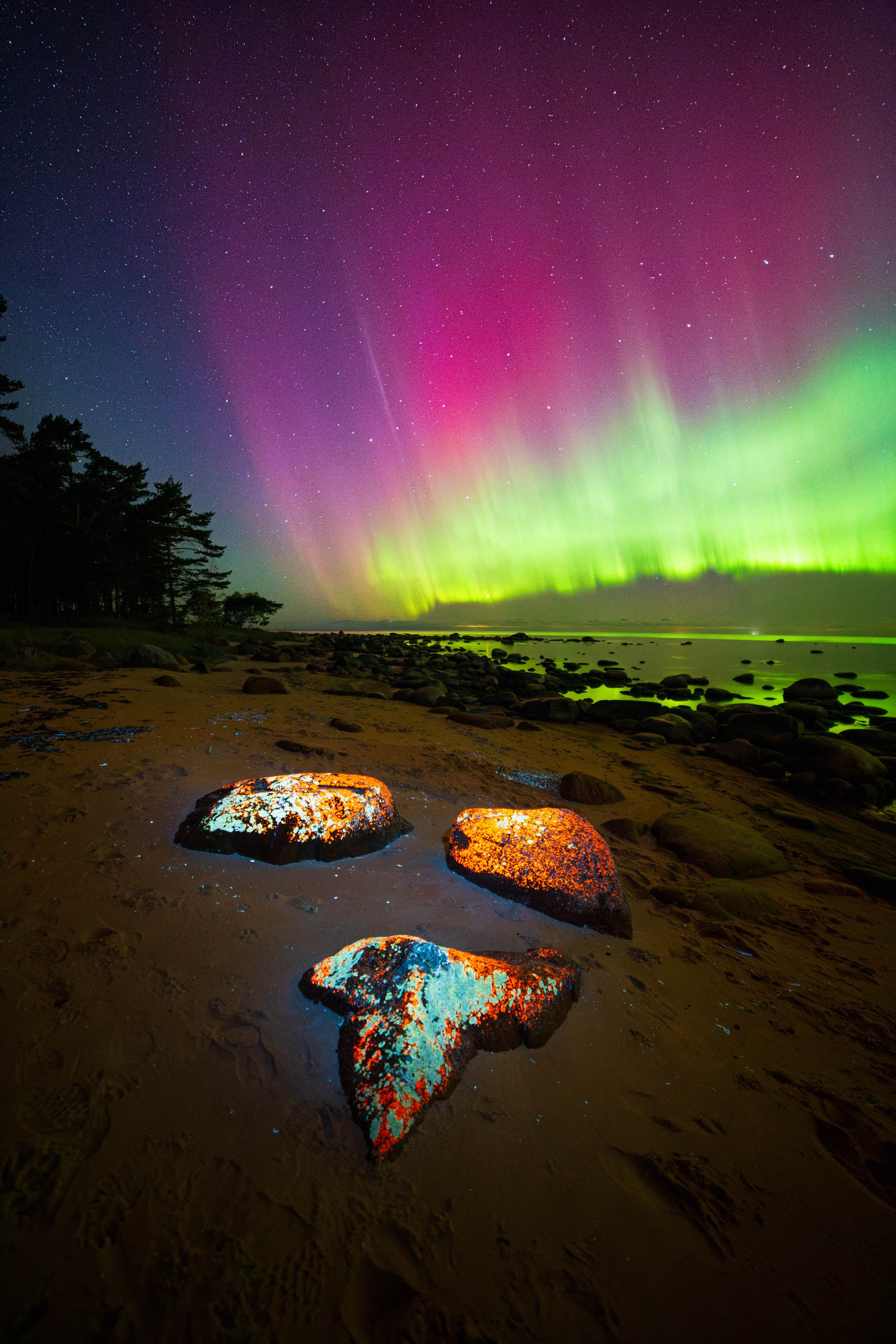 “Neon Nightfall” – Andres PappTürisalu, EstoniaI shot this image on a quiet, rocky beach as a strong aurora storm rolled in from the north. At first, it was just a low green arc, but it quickly erupted into vertical curtains of lime and rare magenta. To connect the sky with the foreground, I illuminated the shoreline rocks with a strong 365 nm UV light torch, which made the minerals pop and added the surreal glow you see in the image.