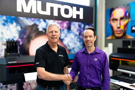 Distribution deal signed: Russell Cavenagh, managing director of Mutoh Australia; with Greg Stone, managing director at GJS