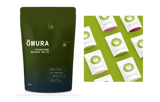 Conceptual packaging of initial Ōmura Matcha and Matcha Mode products from OMG.