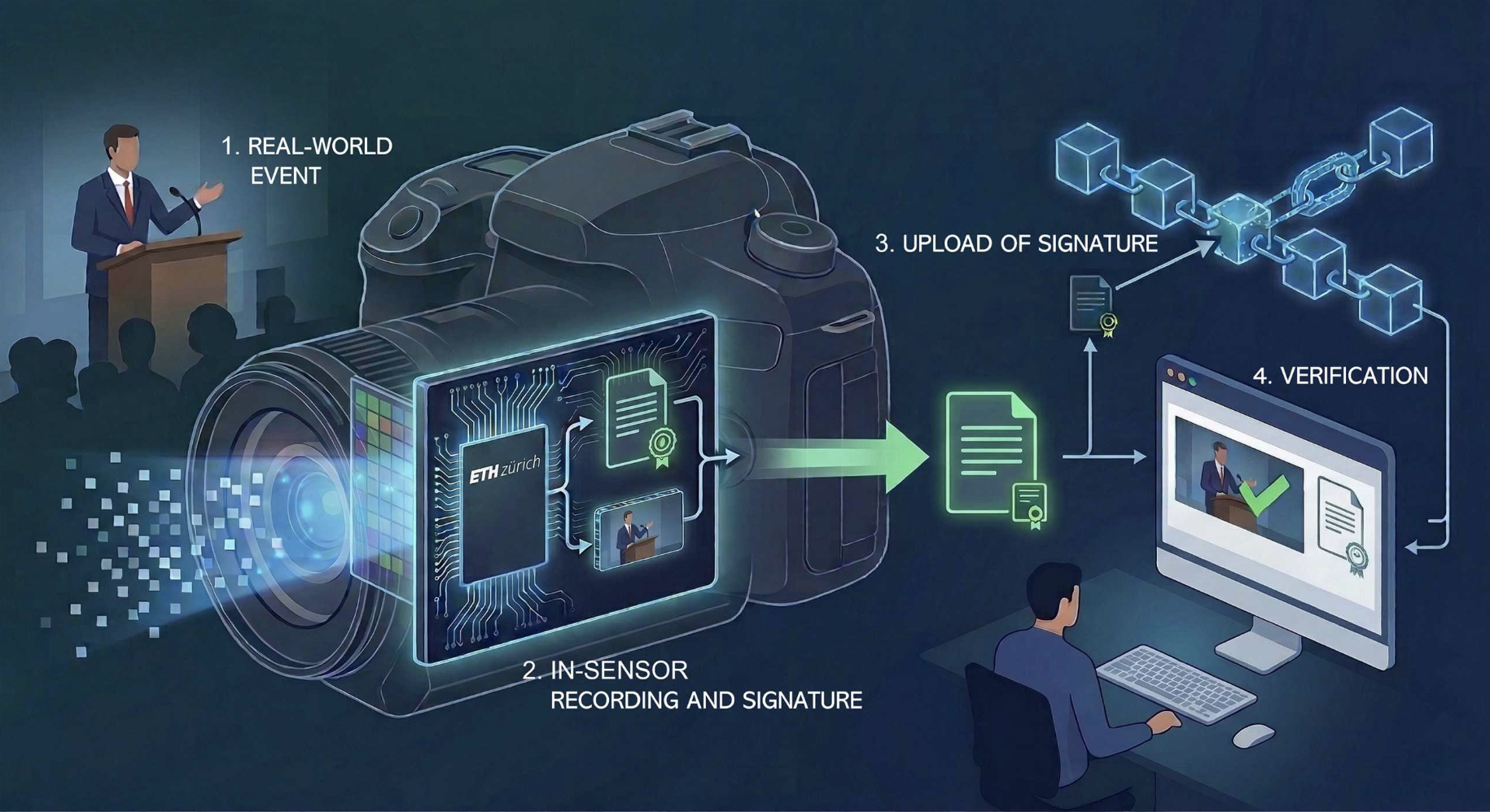 How the technology works: a real-world event (1) is recorded by a camera whose sensor chip generates both the image data and a cryptographic signature at the moment of capture (2). Once stored in a public register (3), the signature can later be used to verify that the recording is authentic and has not been altered (4). (Graphic created using AI: Felix Franke / ETH Zurich)