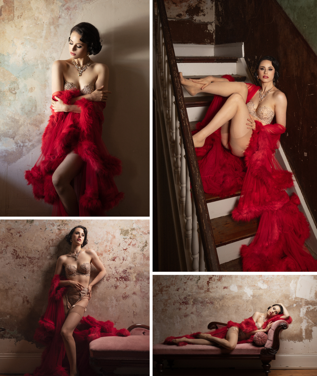 People category, Runner-up, Brett Ferguson, The performer in red. Created with model Evana De Lune, Brett's series explores the contrast between two sides of a single identity. One is the burlesque performer, full of confidence, and captivating the audience with a magnetic stage presence. The other is the private individual who, away from the spotlight, finds comfort in quiet moments and solitude.