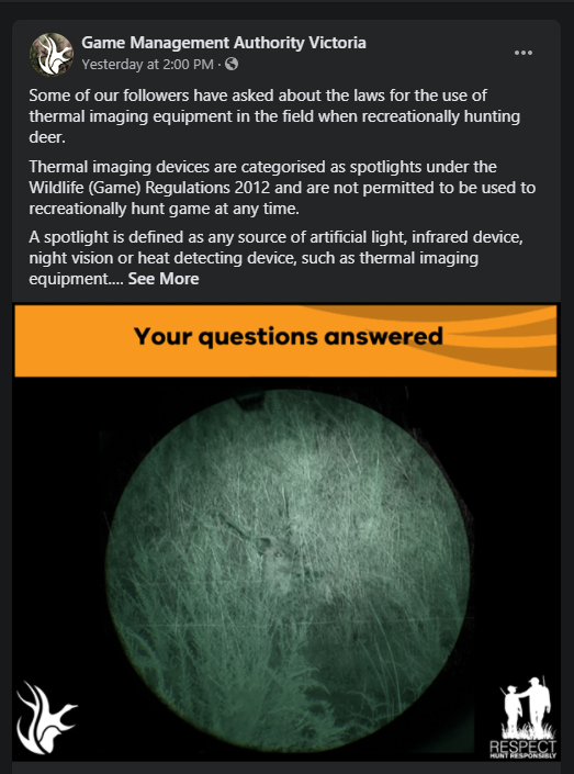 Game Management Authority Victoria Stance on Thermal Scopes