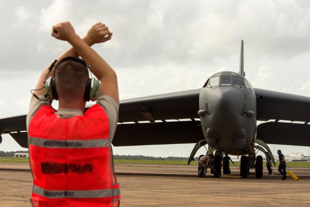 An airman assigned to the 5th Maintenance Group marshals a B-52H Stratofortress during Exercise Diamond Shield at RAAF Base Darwin on 26 March 2019.

Credit: US Air Force