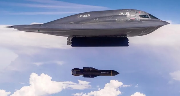 A GBU-57 massive ordnance penetrator weapon falls away from a B-2A Spirit bomber during a test in the United States.

Credit: US Air Force