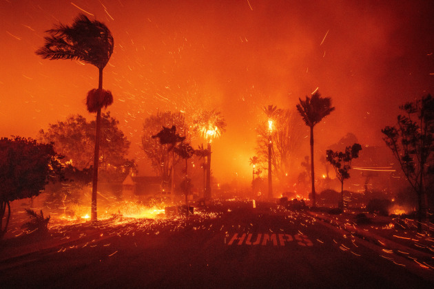 Title: Los Angeles on Fire. © Ethan Swope, for Associated Press.
The Palisades Fire ravages a neighborhood amid high winds. The Los Angeles blazes inflicted between $28 and $53.8 billion in property damage, disrupting thousands of local businesses. Los Angeles, California, United States, 7 January 2025.