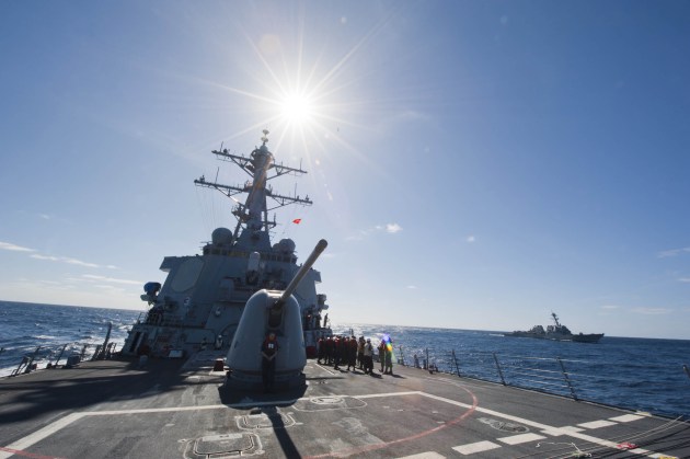 The guided missile destroyers USS Arleigh Burke (DDG 51) and USS Roosevelt (DDG 80) transit beside each other as they prepare to approach the fleet replenishment oiler USNS Big Horn (T-AO 198).

Credit: Petty Officer 3rd Class Carlos Vazquez II / US Navy