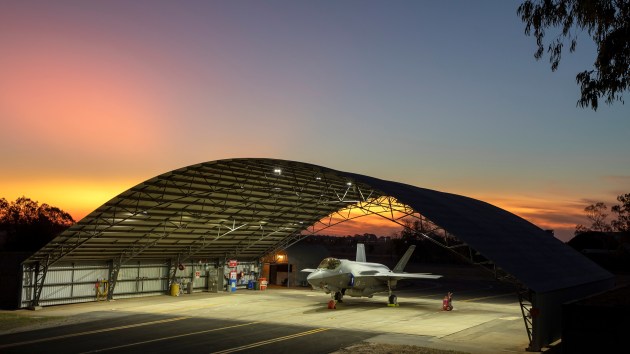 An F-35 in an open hangar at RAAF Tindal. 

Credit: Defence