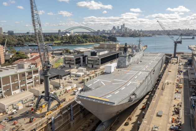 HMAS Adelaide in the Captain Cook dry-dock after an extended maintenance period at Garden Island. 

Credit: Defence