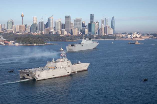 HMAS Canberra escorts Austal-built LCS USS Canberra into Sydney Harbour prior to her commissioning on 22 July 2023. 

Credit: Defence