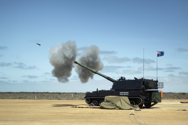 An Australian Army AS9 Huntsman self-propelled howitzer test fires a practice round at the Proof & Experimental Establishment in Port Wakefield. 

Credit: Defence