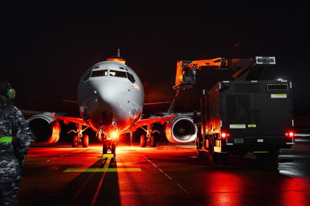 No. 2 Squadron personnel operates an aircraft de-icing machine to remove ice and snow from an E-7A Wedgetail before flight during Operation Kudu in Germany in November 2023.
Credit: Defence