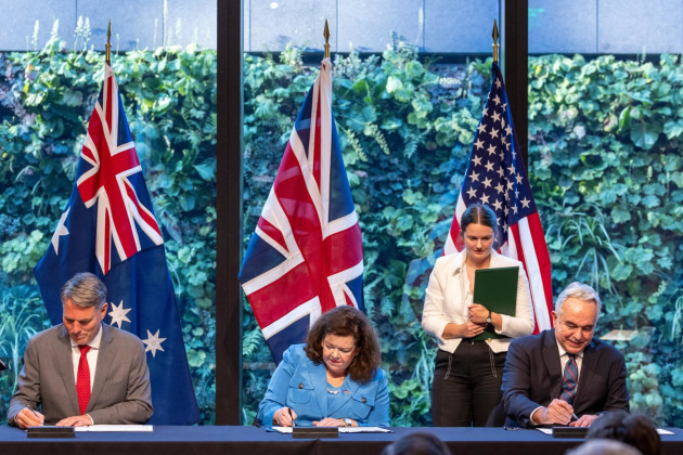 Minister for Defence Richard Marles, then-US Deputy Secretary of State Kurt Campbell, and then-British Ambassador to the USA Dame Karen Pierce, sign the AUKUS Agreement for Cooperation Related to Naval Nuclear Propulsion in Washington DC in August 2024.

Credit: Defence
