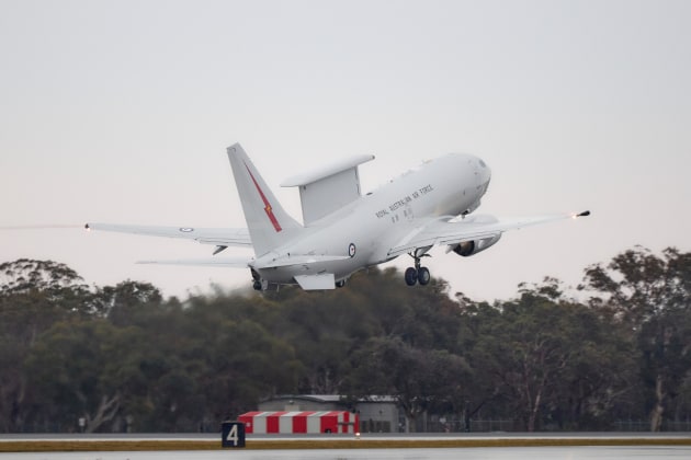 A Royal Australian Air Force No. 2 Squadron E-7A Wedgetail takes off from RAAF Base Williamtown during Operation KUDU.

Credit: Defence