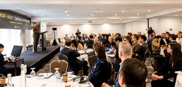 Major General Jason Blain, DSC AM CSC, Head Land Systems, Capability Acquisition and Sustainment Group (CASG), speaking at the ROK-AUS conference at the Hyatt Hotel in Canberra.

Credit: Defence / Kym Smith