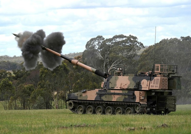 Live firing held at Puckapunyal, Victoria, by School of Artillery and 4th Regiment Royal Australian Artillery. This was the first time the new AS9 Huntsman Self-Propelled Howitzer had been fired on Australian soil by Australian soldiers. 

Credit: Defence