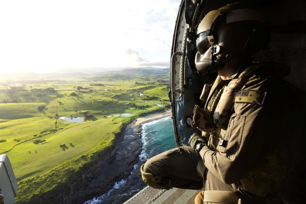 Leading Seaman Aircrewman looks out over Gerringong from a MH-60R aircraft on completion of the Exercise Kakadu 2026.

Credit: LSIS Susan Mossop / Defence