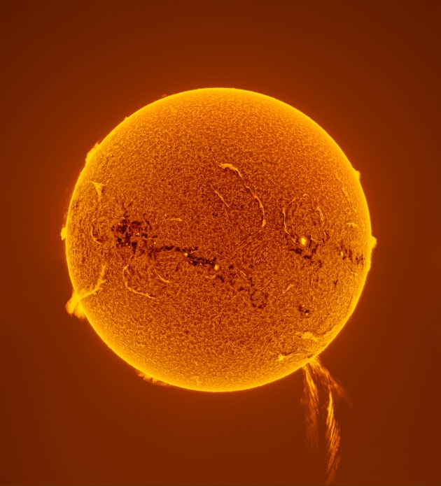Our sun, Highly commended, 500,000 km Solar Prominence Eruption © PengFei Chou (China).
On 7 November 2024, the Sun experienced a massive solar prominence eruption, with a length exceeding 500,000 km (311,000 miles). The eruption lasted approximately one hour from its initial outburst to its conclusion. The eruption phase of the prominence is composed of more than 20 stacked data sets highlighting the entire process of this spectacular event.