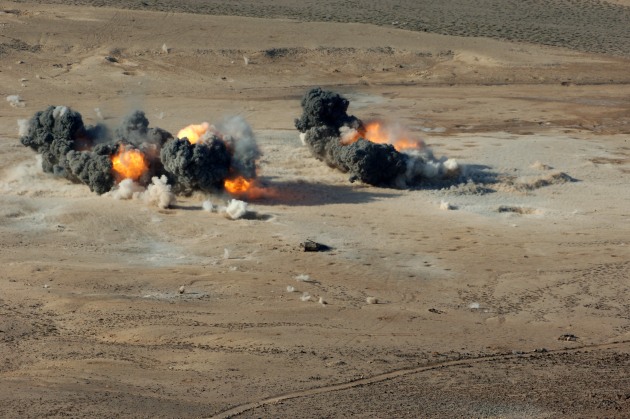1,000-pound BLU-110 MK-83 and 500-pound BLU-111 MK-82 hard target penetrating bombs explode at the Gordia range off the coast of Djibouti in 2007. 

Credit: US Navy