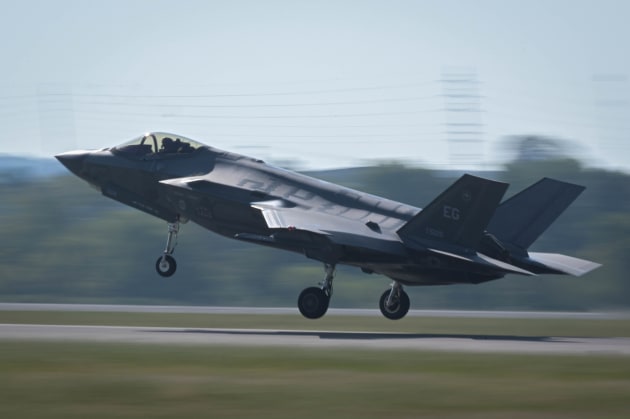 F-35 Lightning IIs from the 33rd Fighter Wing depart Ebbing Air National Guard Base following the conclusion of the FMS support facilities ribbon-cutting ceremony and Agile Combat Employment exercise, Sept. 20, 2024. The jets return to Eglin Air Force Base as the exercise concludes, marking a successful demonstration of rapid deployment and readiness.

Credit: US Air Force / Senior Airman Christian Corley