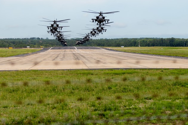 Helicopters assigned to the 82nd Airborne Division take flight in formation at Simmons Army Airfield for the Army’s 250th birthday celebration at Fort Bragg, NC, June 10, 2025. The formation consisted of Boeing AH-64 Apaches, UH-60 Black Hawks and CH-47 Chinooks.

Credit: Sgt. Kamar Williams / US Defense