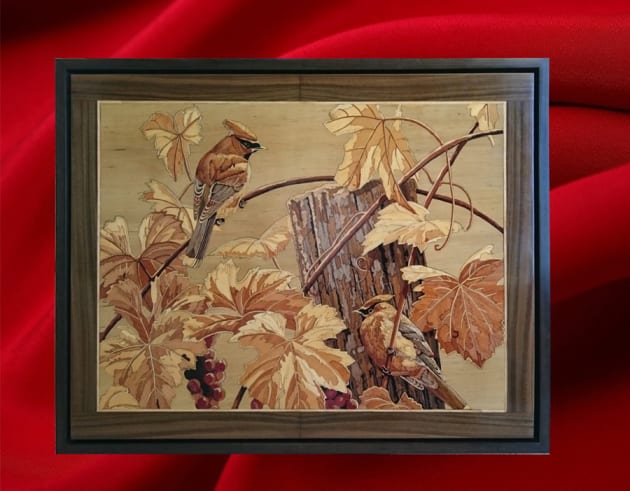 Azadeh Zolfigol. Grape Wine, marquetry wall panel made of 1500 pieces of various wood. 905 x 720 x 60mm